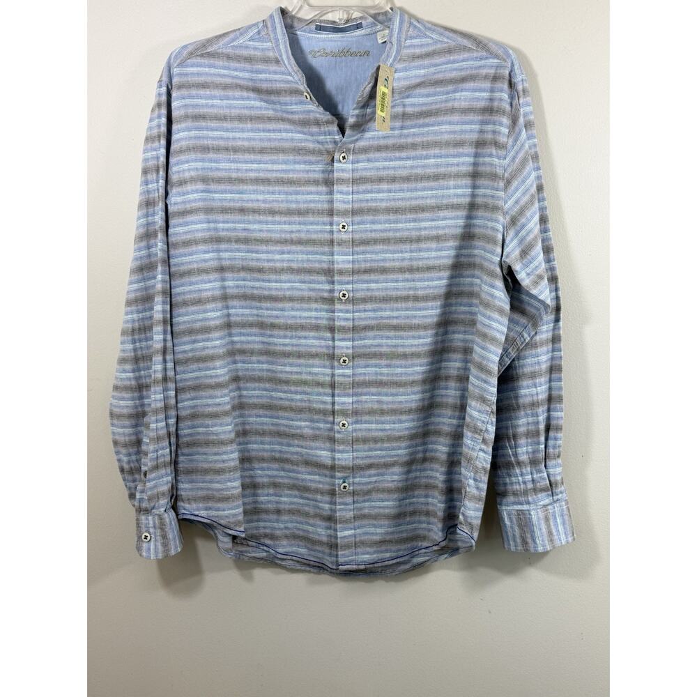 NWT Caribbean Mens Linen Blend Shirt Size L Blue Gray Stripe Band Collar